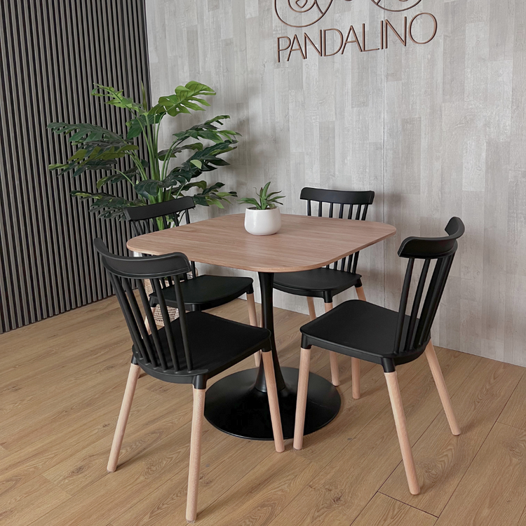 Comedor Mesa Tulip 90x90 cm + 4 Sillas Windsor Negra | Diseño Compacto