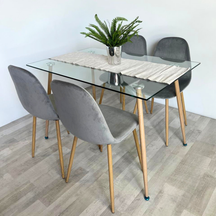 Comedor Minimalista | Mesa Vidrio 120x80 + 4 Sillas Isy Gris